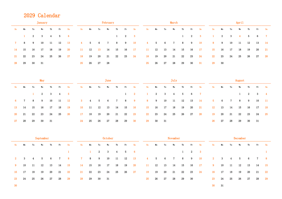 日历表2029年日历 英文版 横向排版 周日开始 带节假日调休安排_第1页