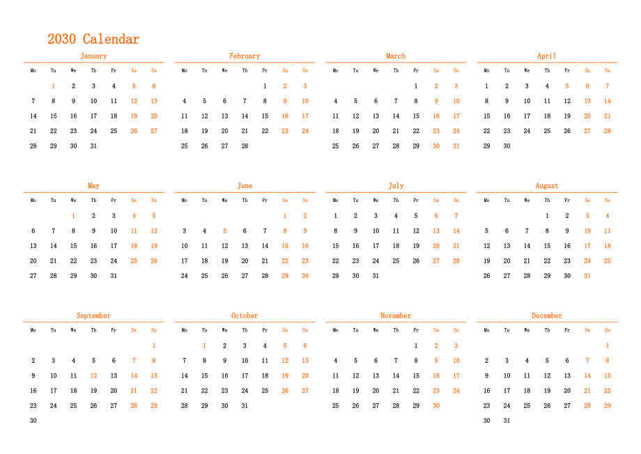 日历表2030年日历 英文版 横向排版 周一开始 带节假日调休安排_第1页
