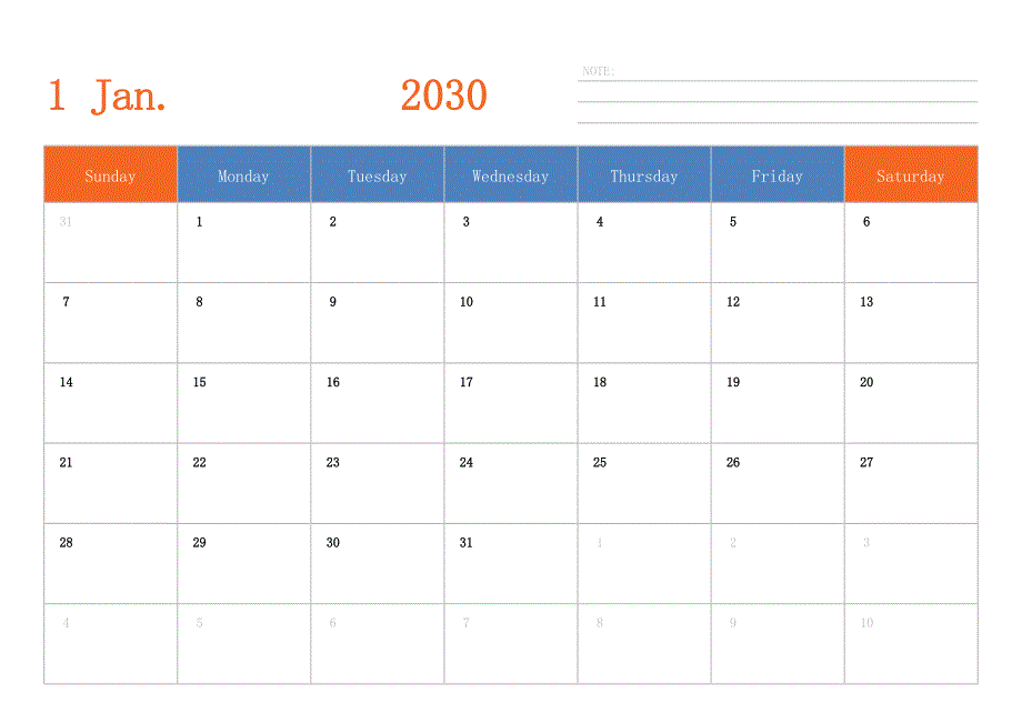 日历表2030年日历 英文版 横向排版 周日开始_第1页