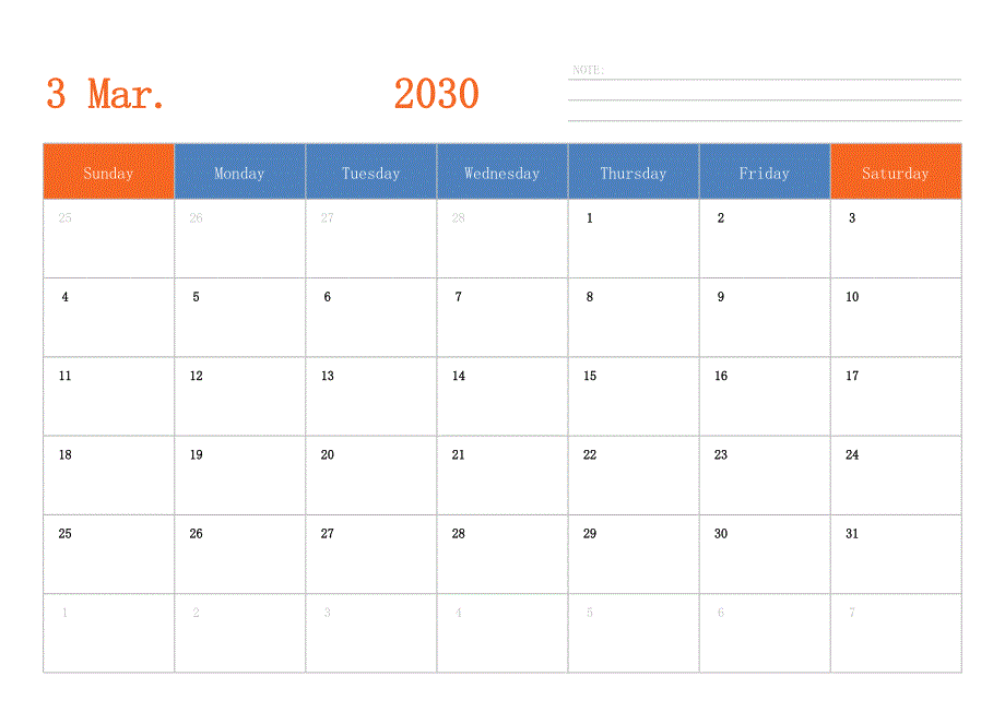 日历表2030年日历 英文版 横向排版 周日开始_第3页