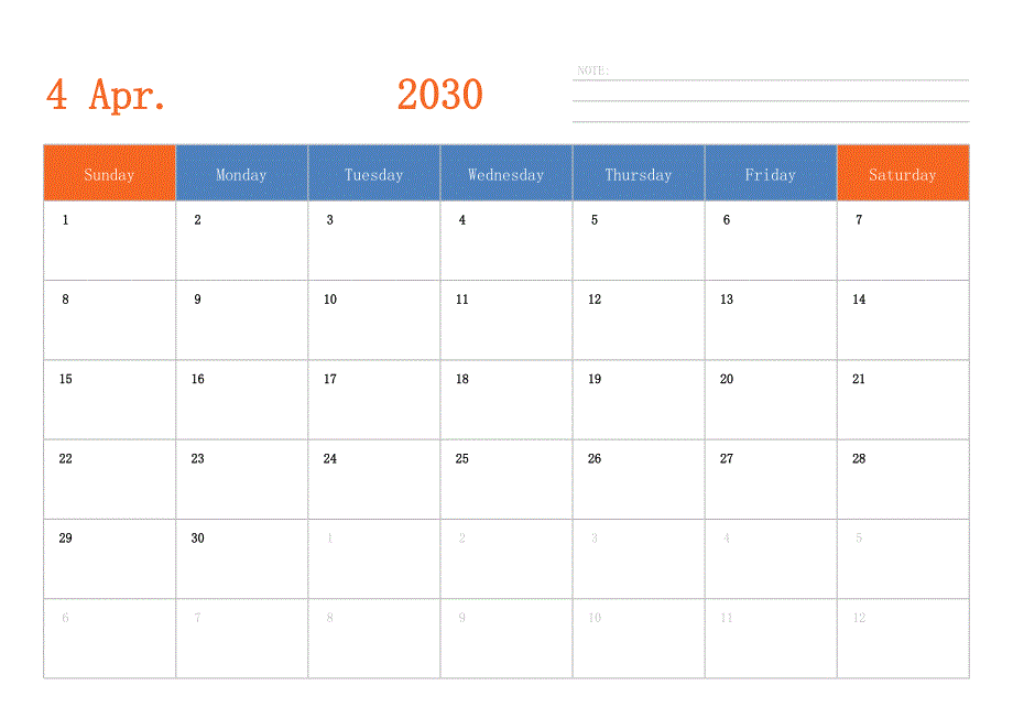 日历表2030年日历 英文版 横向排版 周日开始_第4页