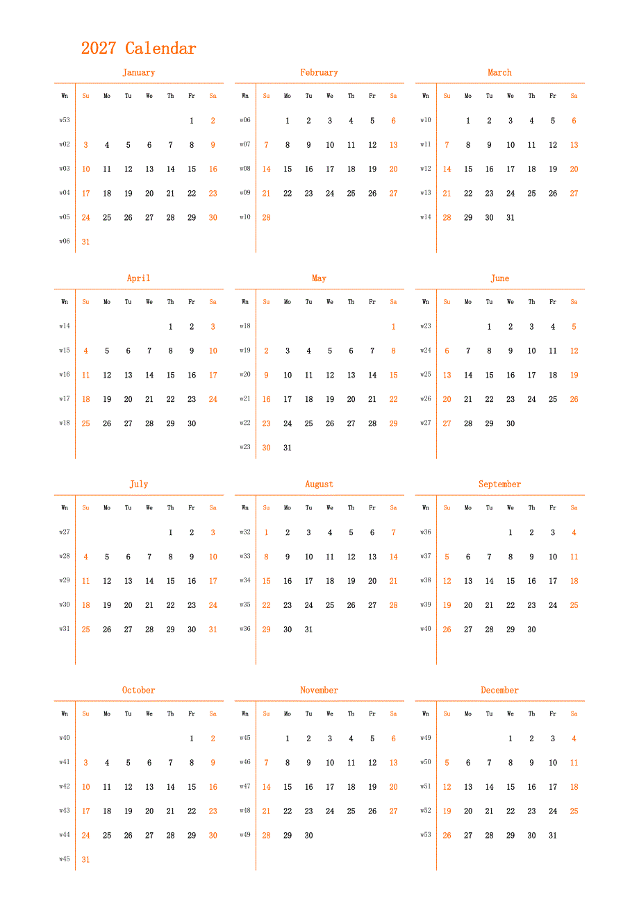 日历表2027年日历 英文版 纵向排版 周日开始 带周数(1)_第1页