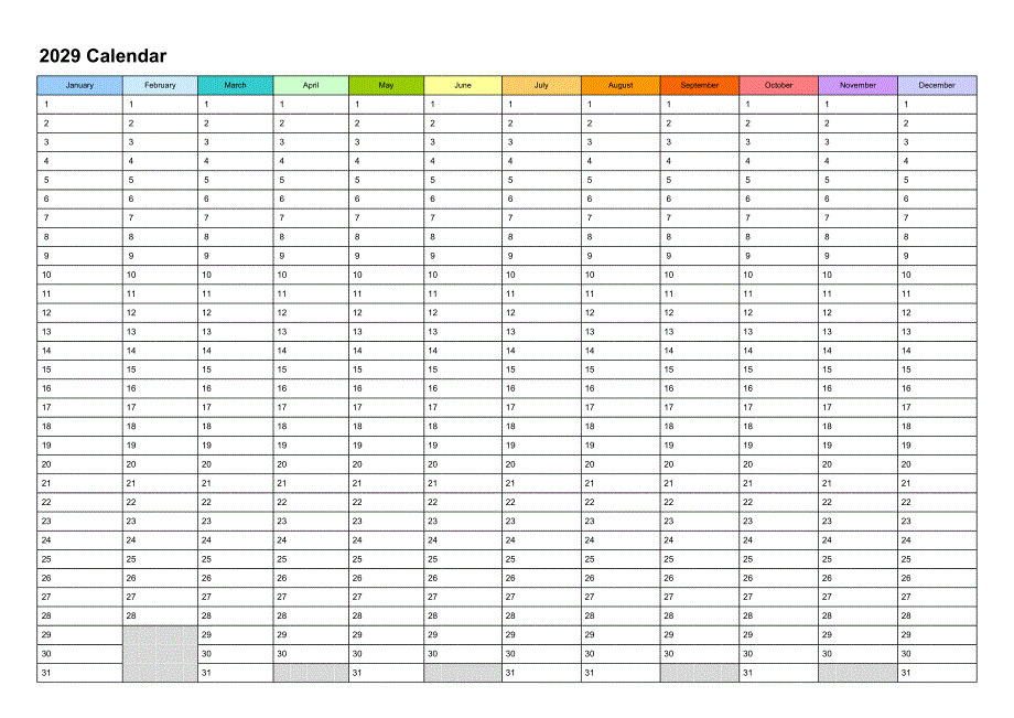 日历表2029年日历 英文版 彩色系列(1)_第1页