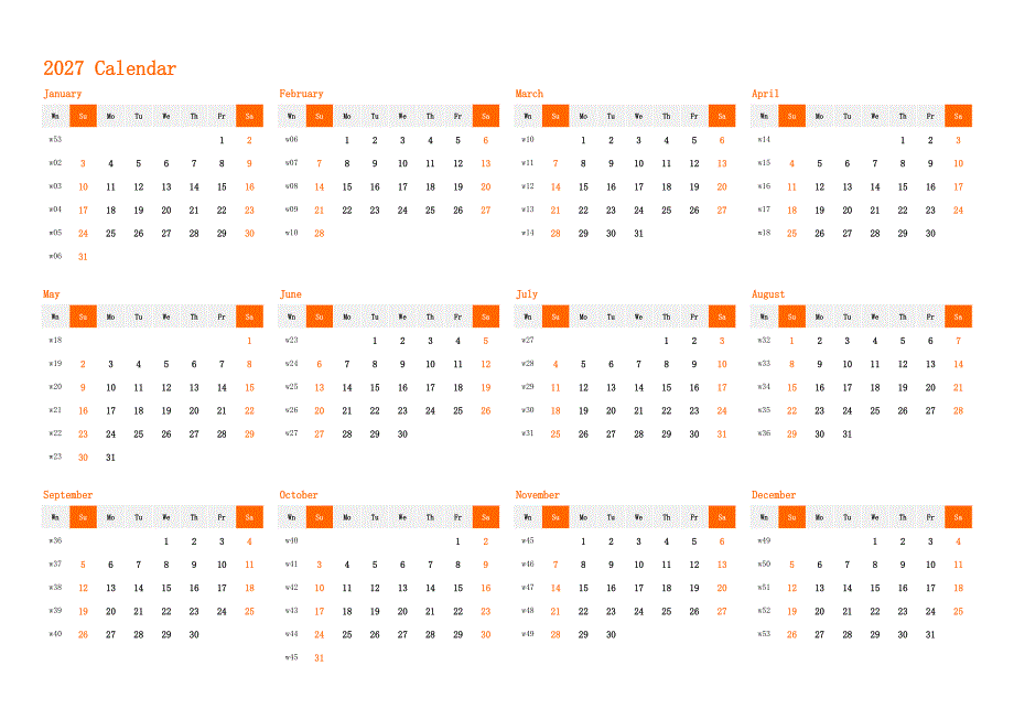 日历表2027年日历 英文版 横向排版 周日开始 带周数(2)_第1页
