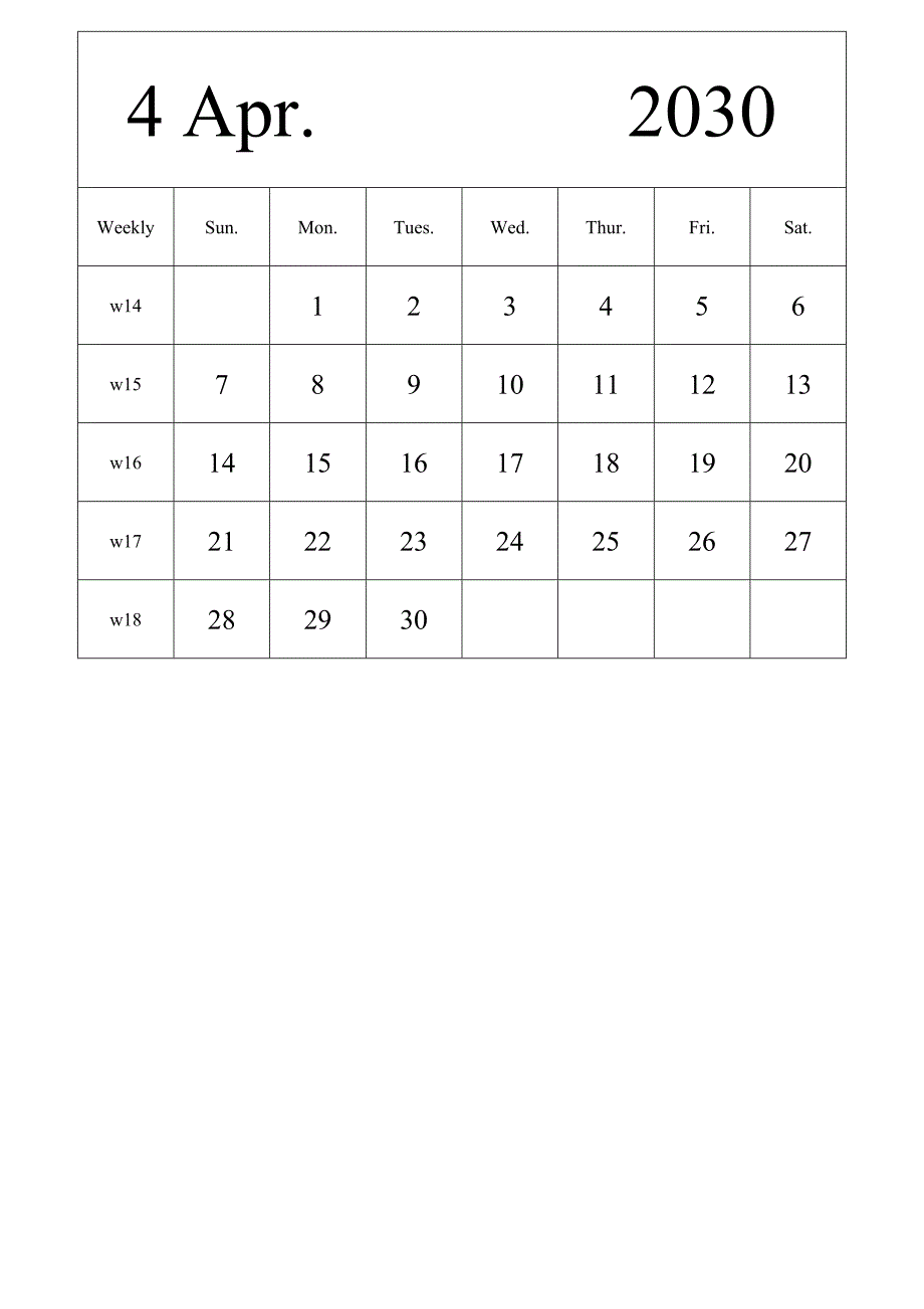 日历表2030年日历 英文版 纵向排版 周日开始 带周数 带节假日调休安排 (2)_第4页