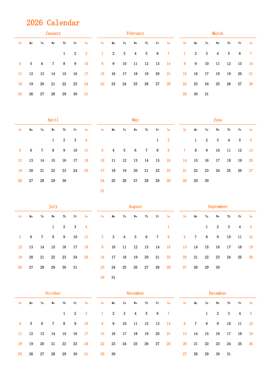 日历表2026年日历 英文版 纵向排版 周日开始(1)_第1页