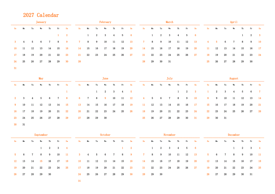 日历表2027年日历 英文版 横向排版 周日开始 带节假日调休安排_第1页