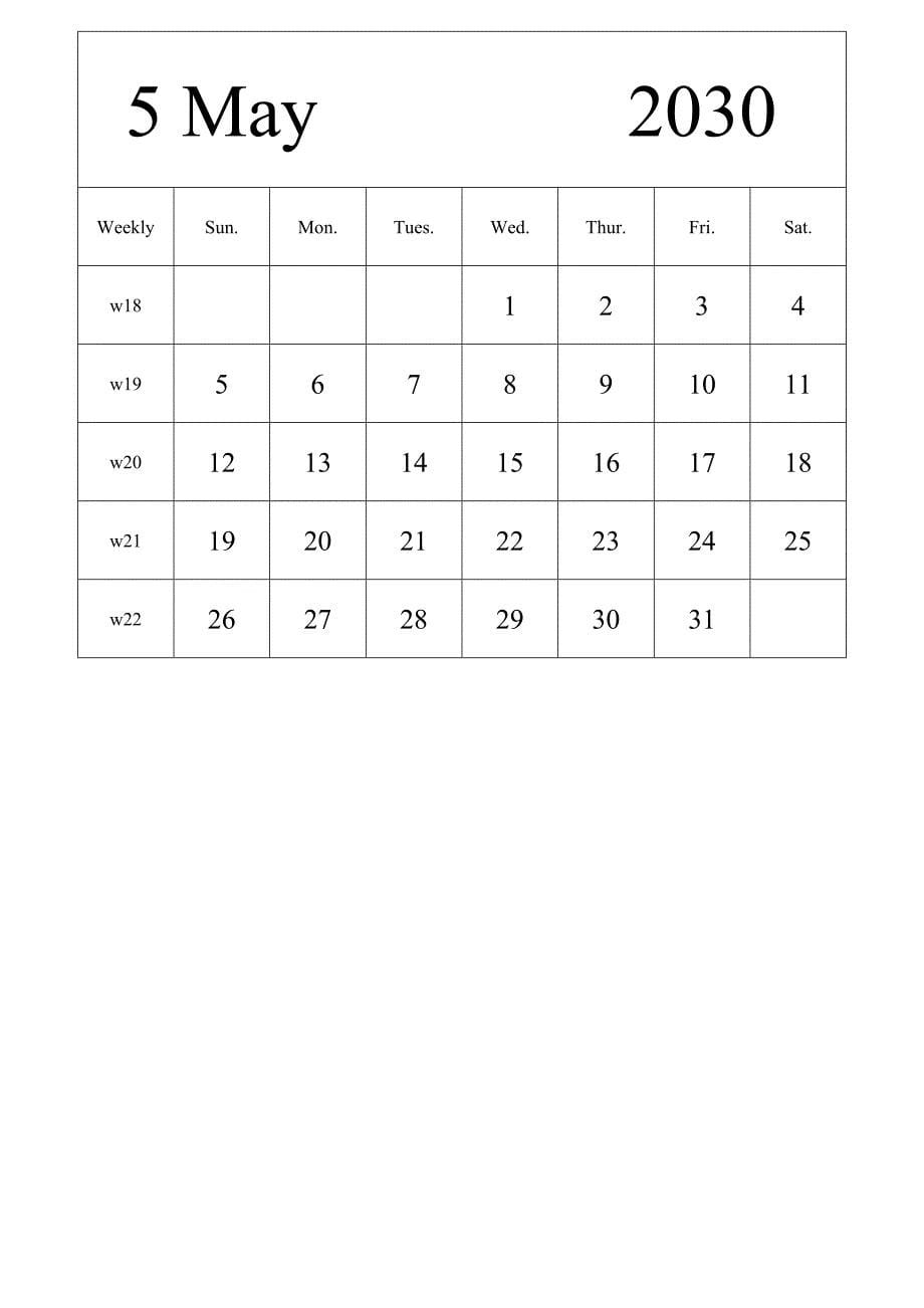 日历表2030年日历 英文版 纵向排版 周日开始 带周数 (2)_第5页