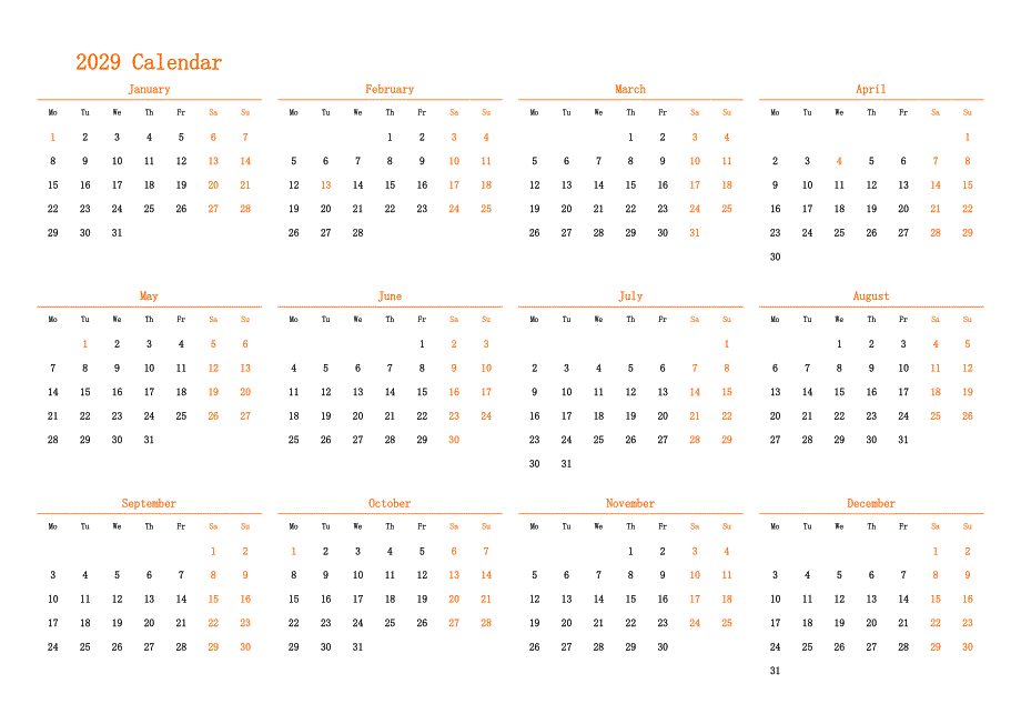 日历表2029年日历 英文版 横向排版 周一开始 带节假日调休安排_第1页