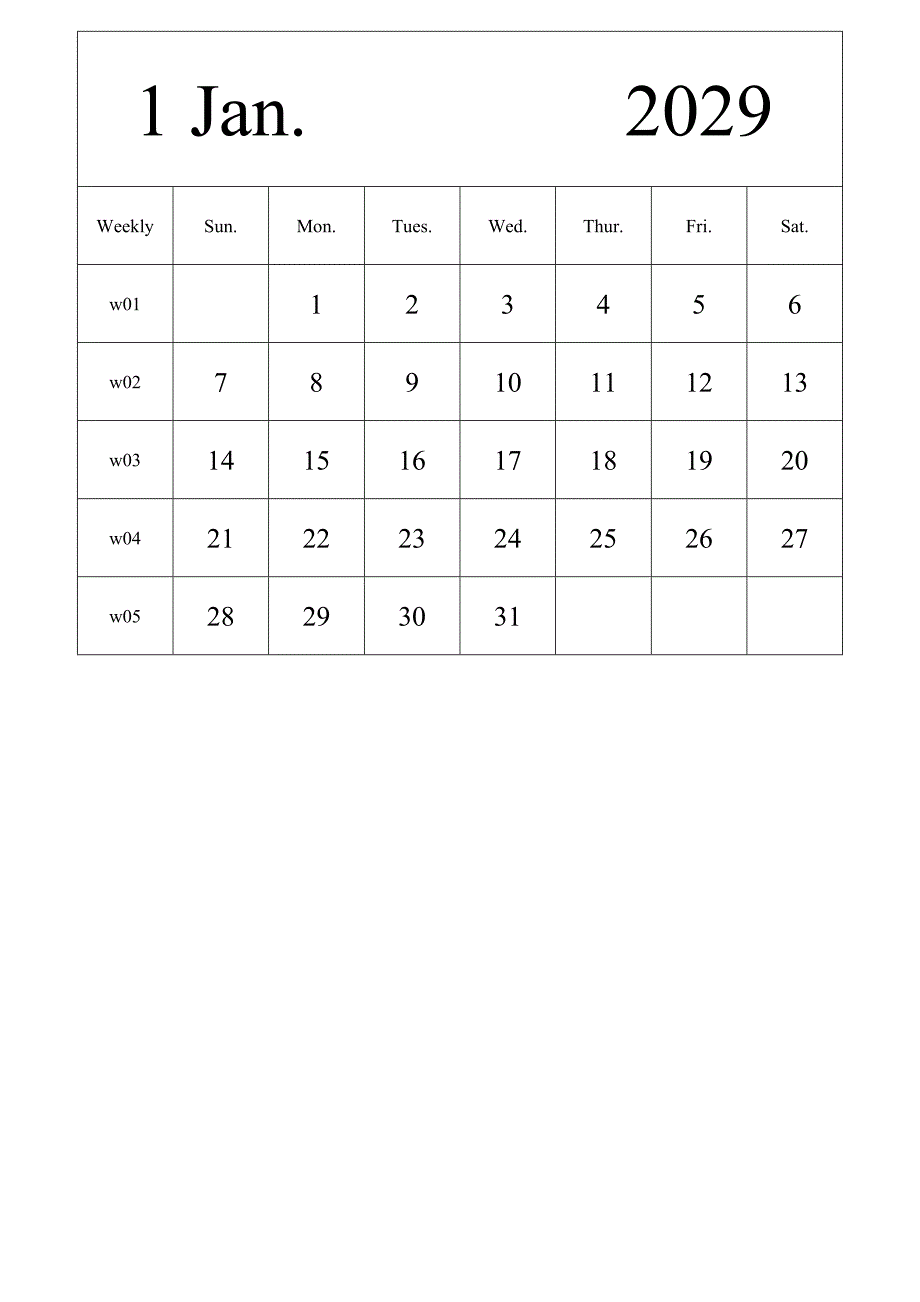 日历表2029年日历 英文版 纵向排版 周日开始 带周数 (2)_第1页