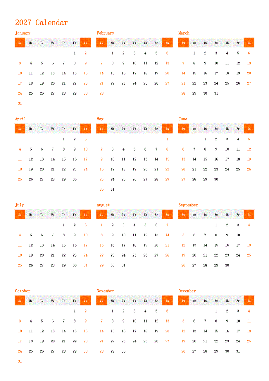 日历表2027年日历 英文版 纵向排版 周日开始(1)_第1页