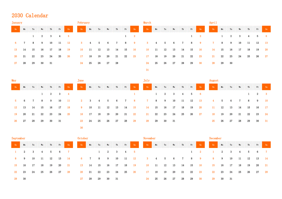 日历表2030年日历 英文版 横向排版 周日开始(2)_第1页
