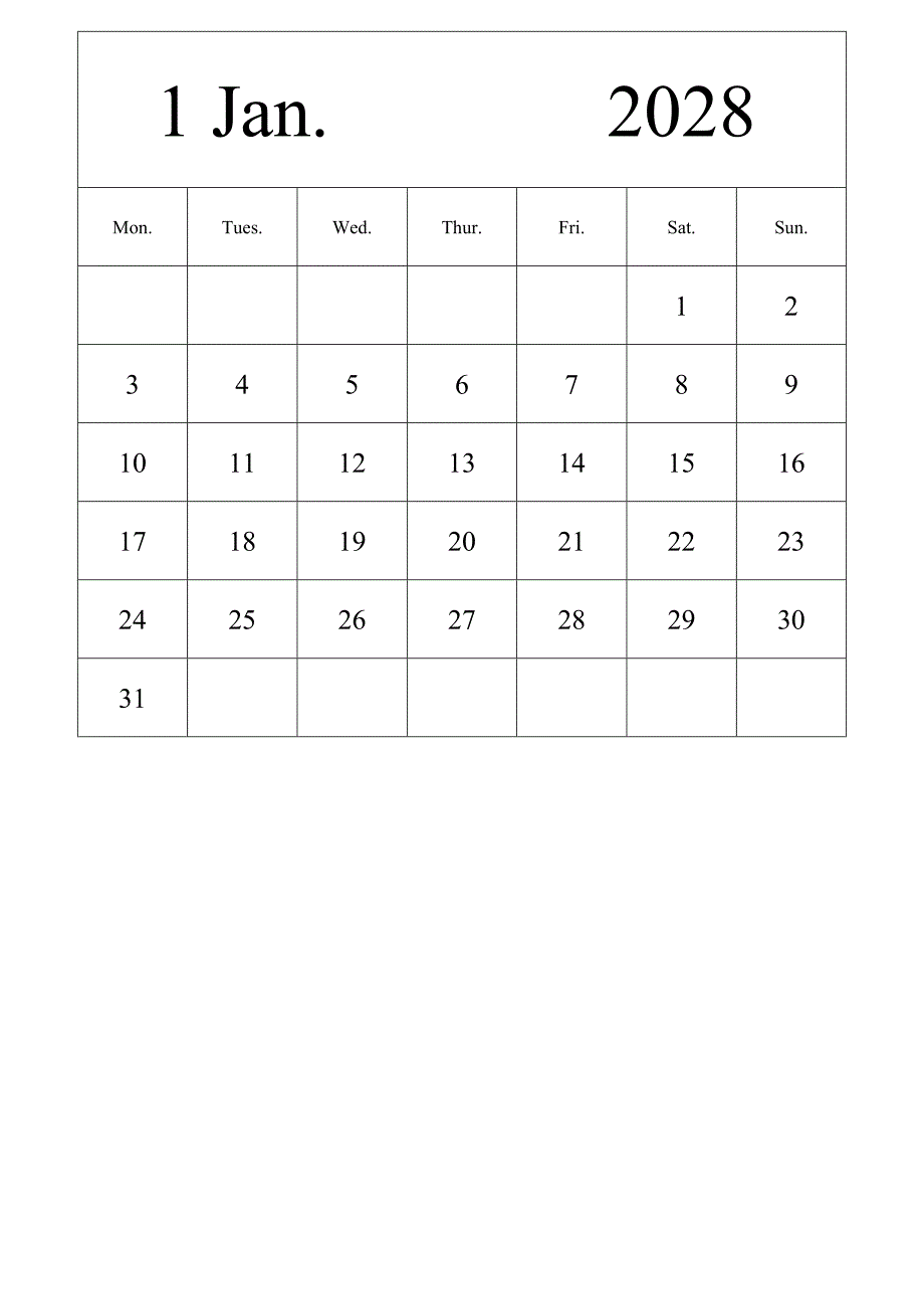 日历表2028年日历 英文版 纵向排版 周一开始 带节假日调休安排 (2)_第1页