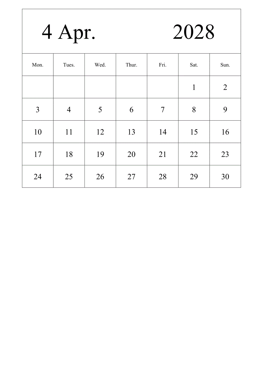 日历表2028年日历 英文版 纵向排版 周一开始 带节假日调休安排 (2)_第4页