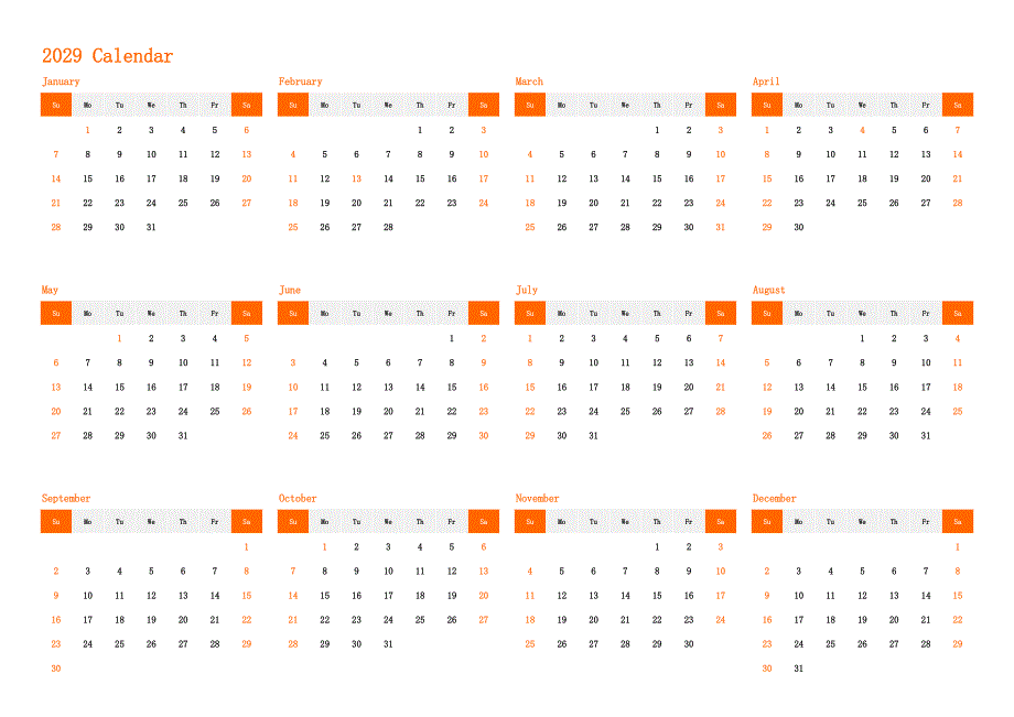 日历表2029年日历 英文版 横向排版 周日开始 带节假日调休安排(1)_第1页