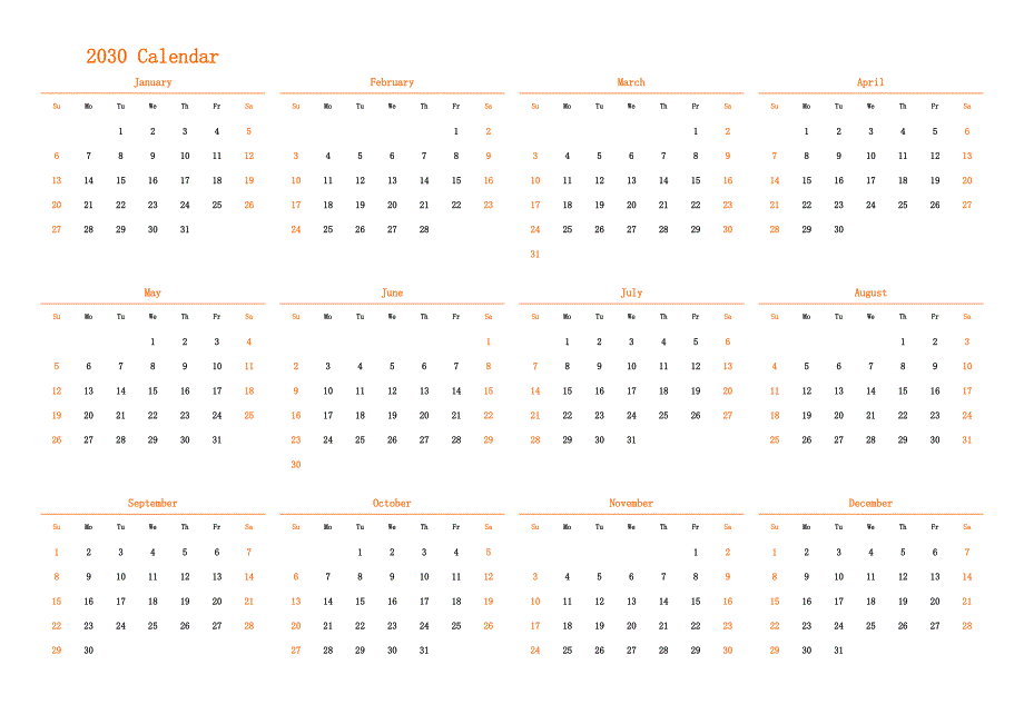 日历表2030年日历 英文版 横向排版 周日开始(1)_第1页