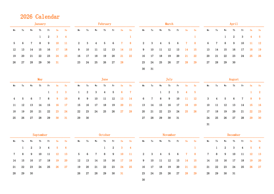 日历表2026年日历 英文版 横向排版 周一开始(1)_第1页