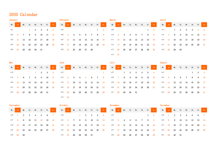 日历表2030年日历 英文版 横向排版 周日开始 带周数 带节假日调休安排_第1页