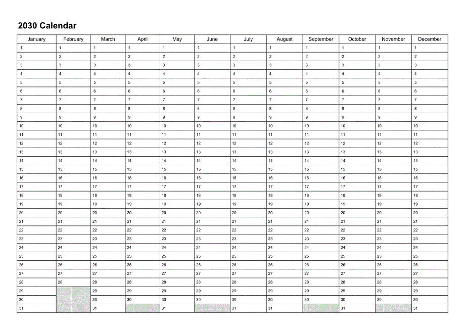 日历表2030年日历 英文版(1)_第1页