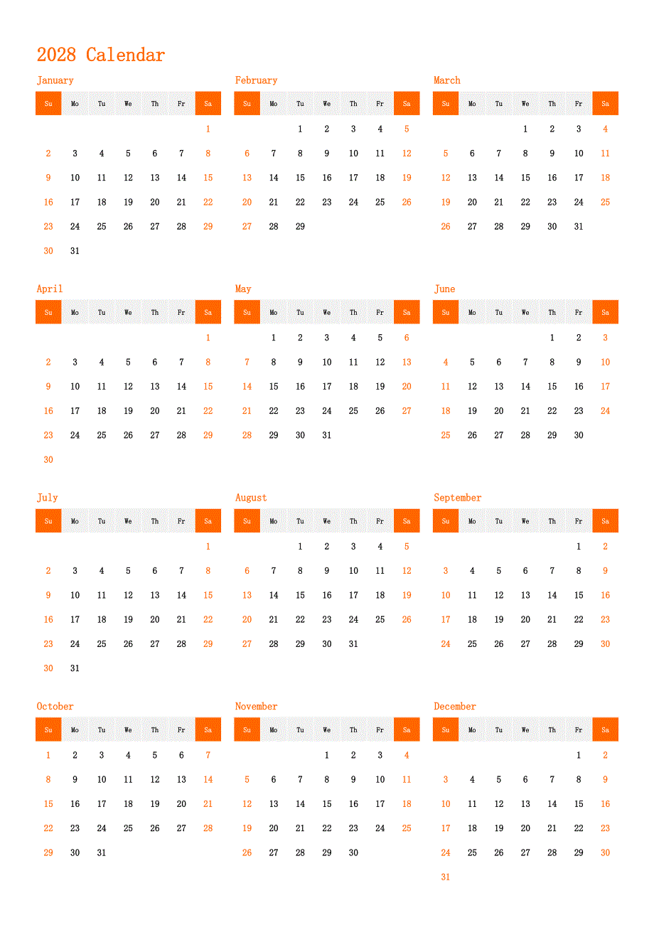 日历表2028年日历 英文版 纵向排版 周日开始(2)_第1页