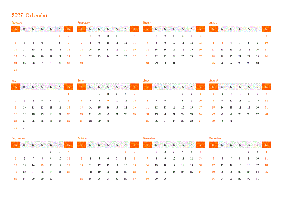 日历表2027年日历 英文版 横向排版 周日开始 带节假日调休安排(1)_第1页