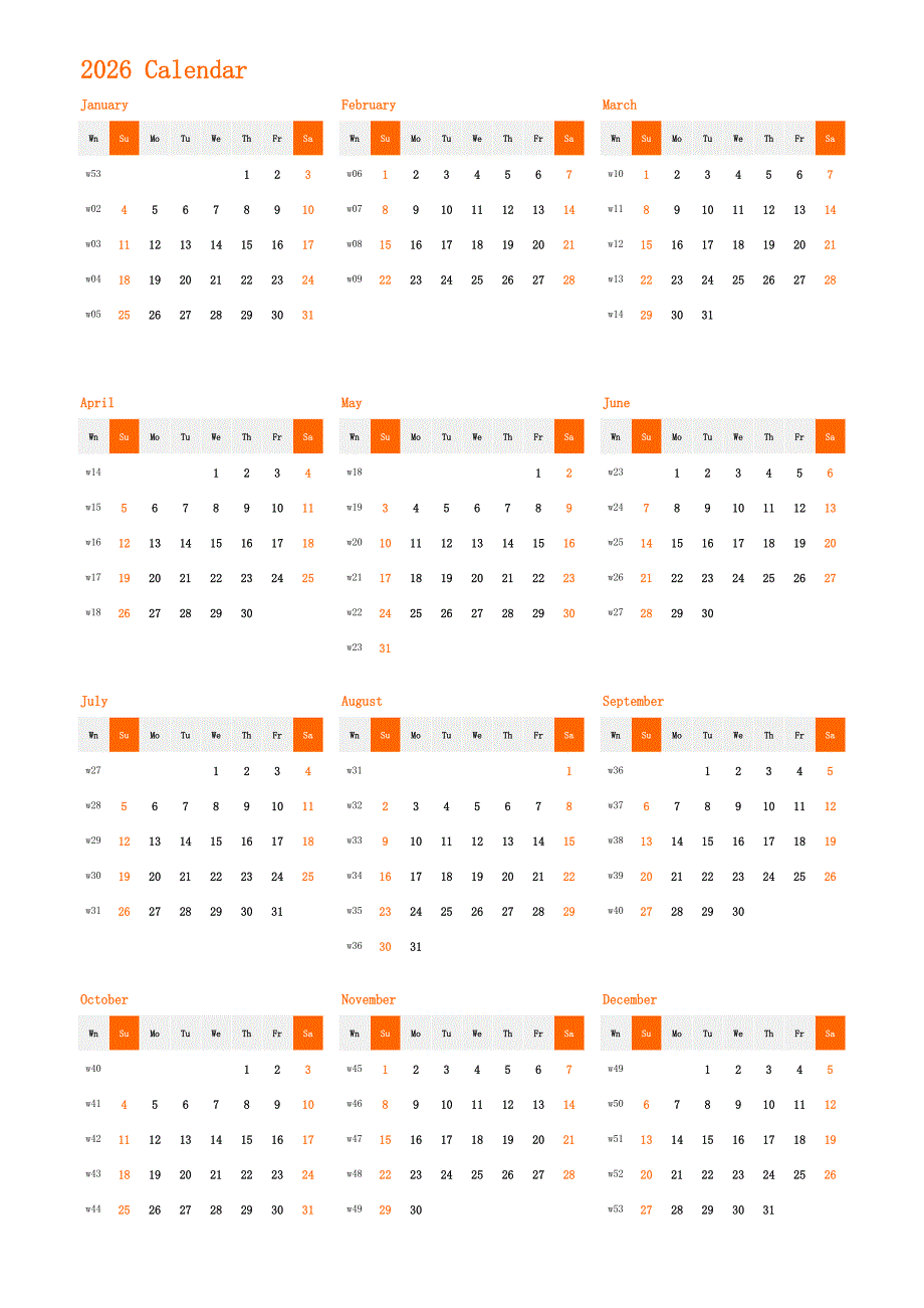 日历表2026年日历 英文版 纵向排版 周日开始 带周数(2)_第1页