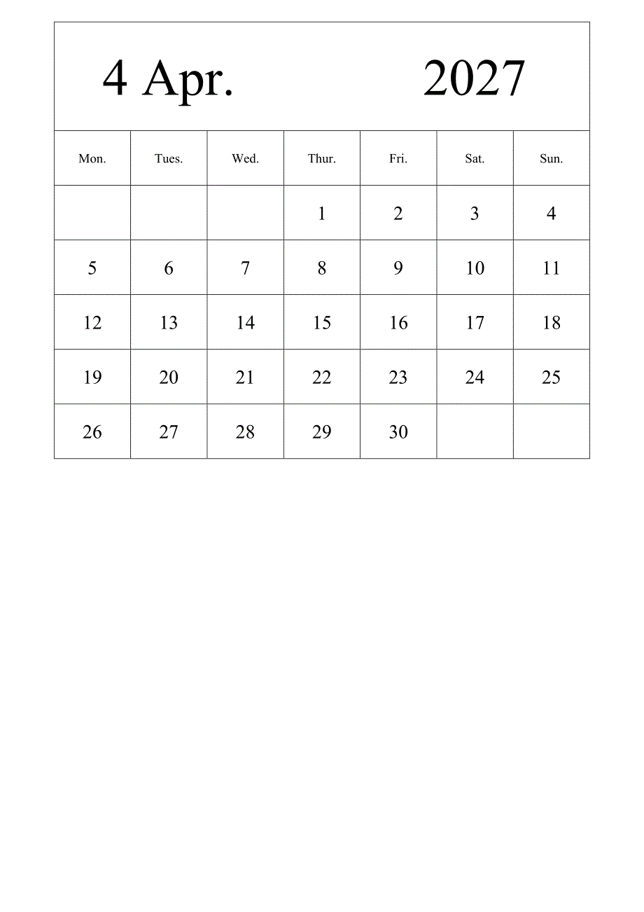 日历表2027年日历 英文版 纵向排版 周一开始 带节假日调休安排 (2)_第4页