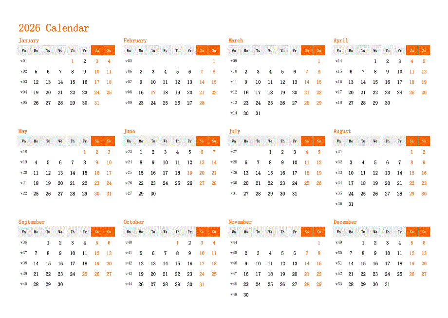 日历表2026年日历 英文版 横向排版 周一开始 带周数 带节假日调休安排(1)_第1页