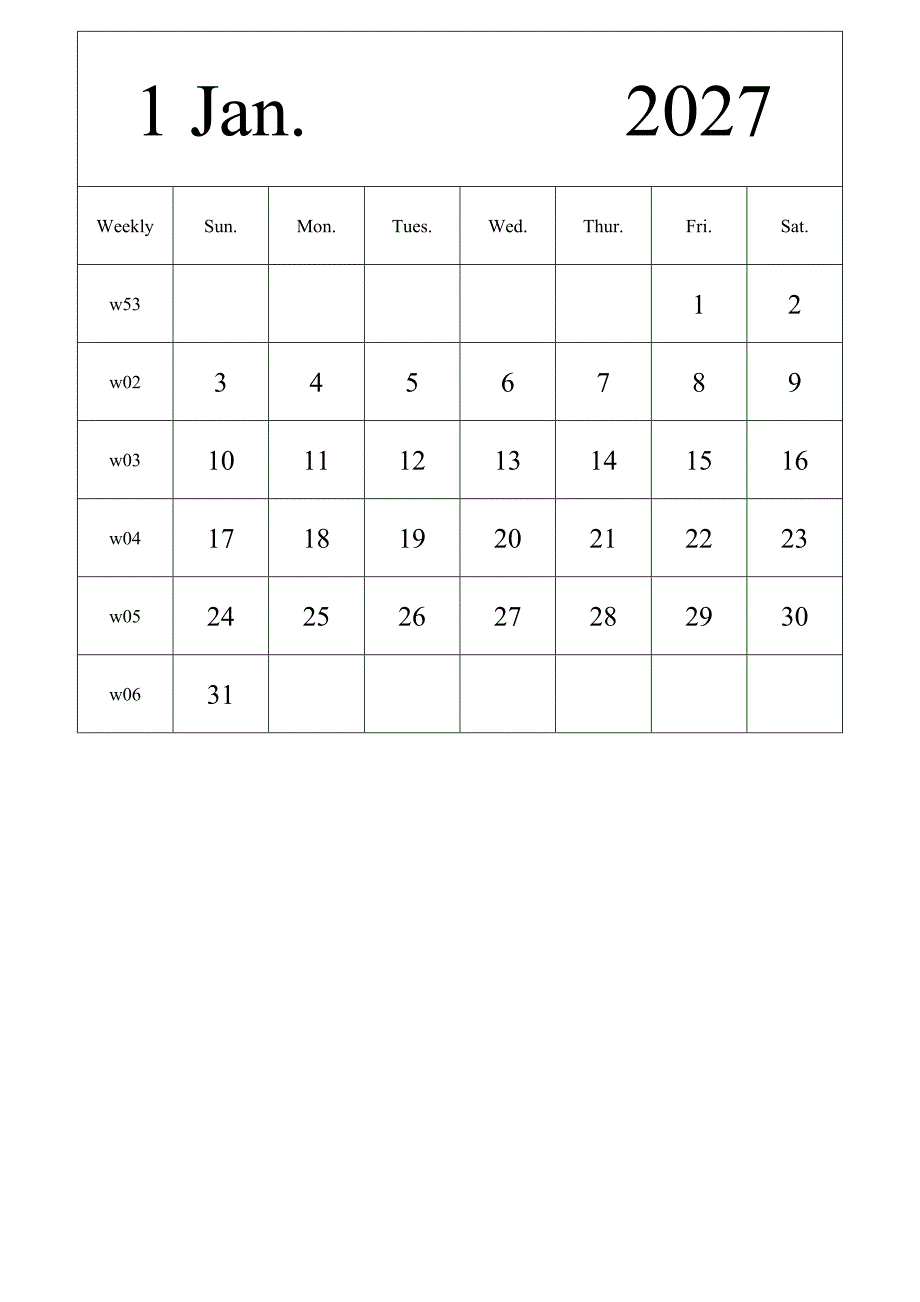 日历表2027年日历 英文版 纵向排版 周日开始 带周数 (2)_第1页