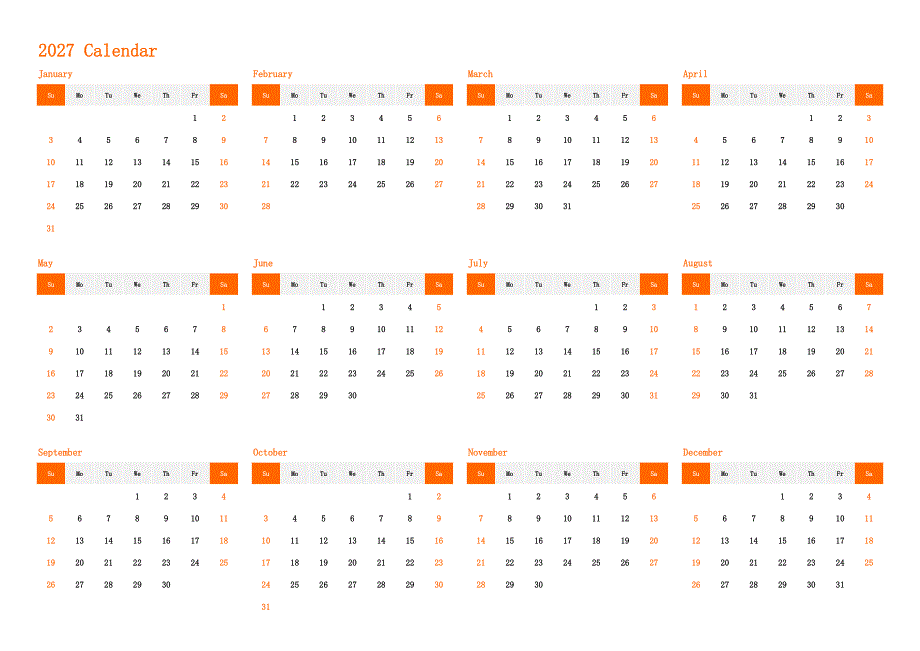 日历表2027年日历 英文版 横向排版 周日开始(2)_第1页