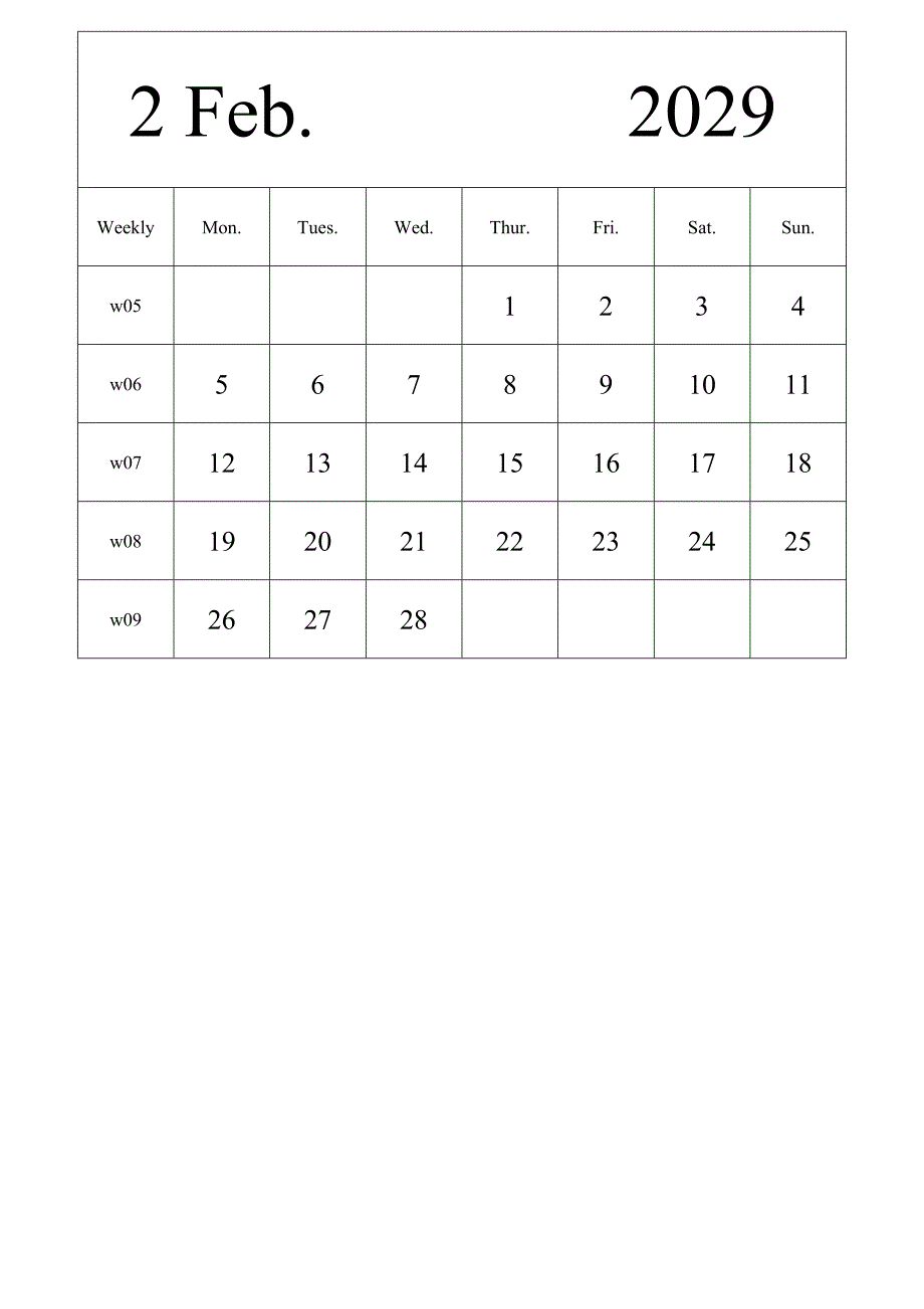 日历表2029年日历 英文版 纵向排版 周一开始 带周数 带节假日调休安排 (2)_第2页