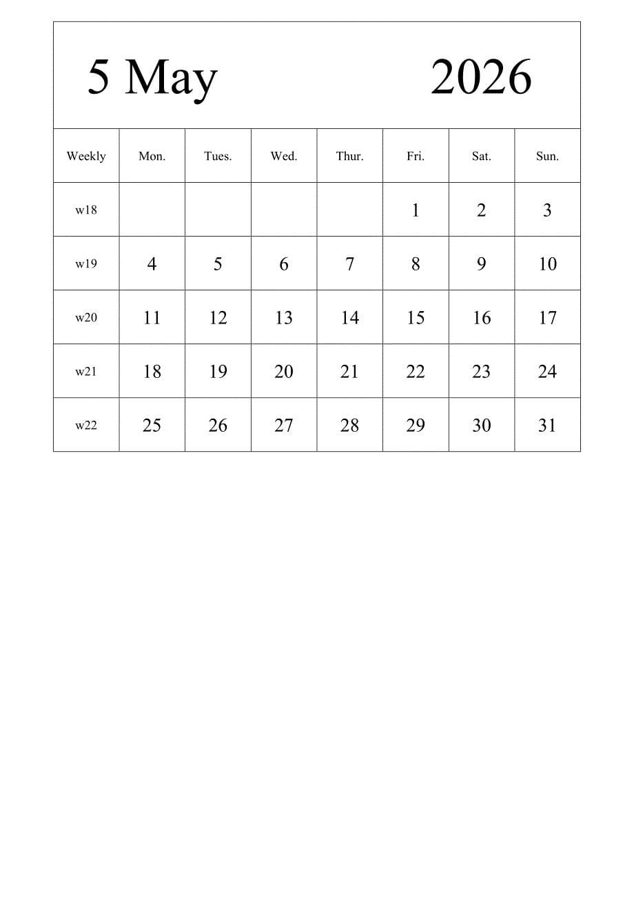 日历表2026年日历 英文版 纵向排版 周一开始 带周数 (2)_第5页