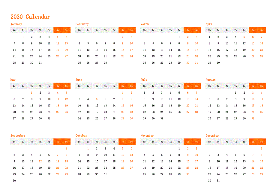 日历表2030年日历 英文版 横向排版 周一开始 带节假日调休安排(1)_第1页
