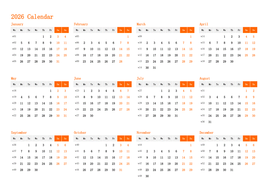 日历表2026年日历 英文版 横向排版 周一开始 带周数(2)_第1页