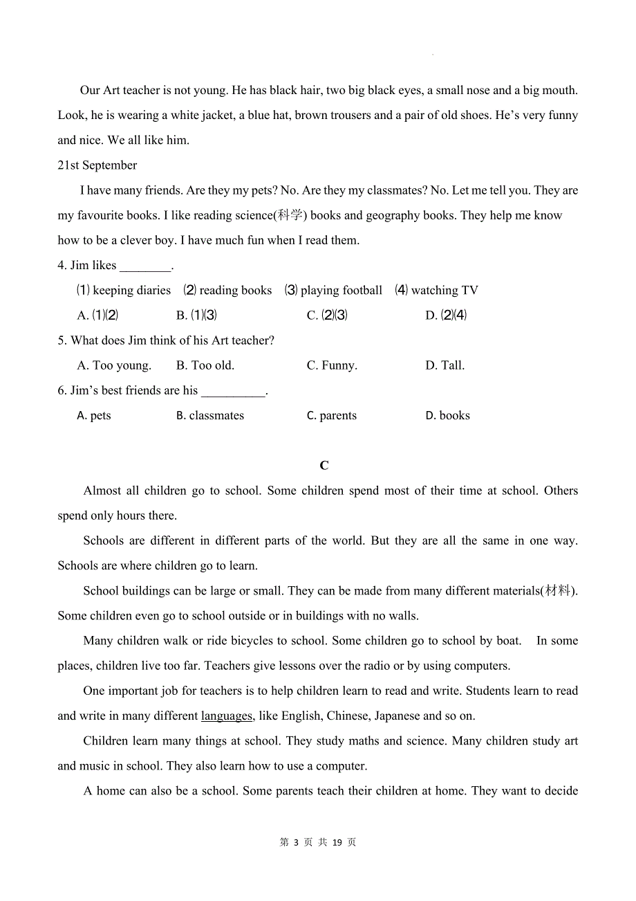 译林版（2024新版）七年级上册英语期中复习：完型及阅读 练习题汇编（含答案）_第3页