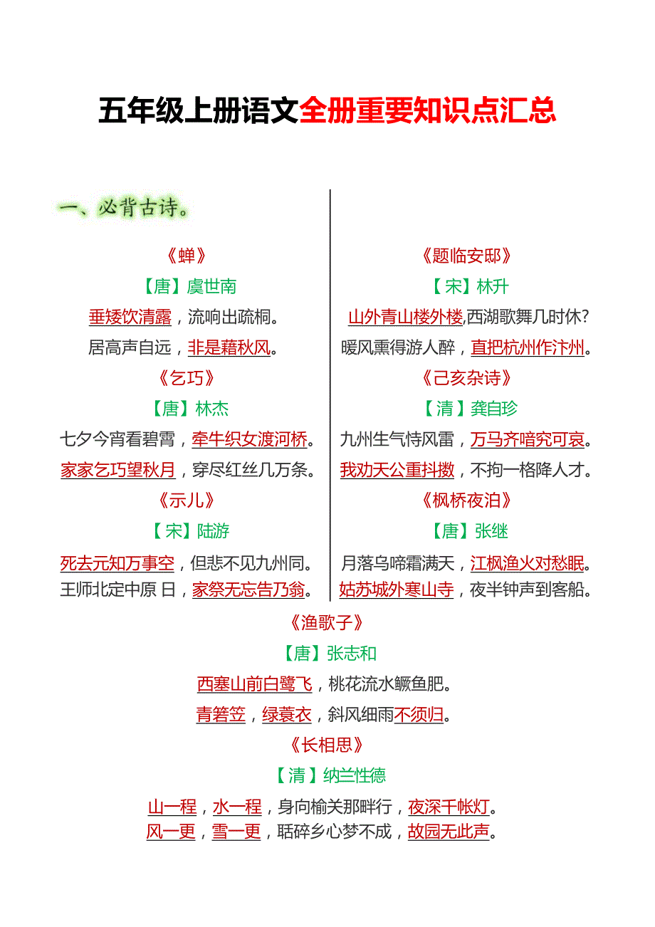 统编版五年级上册语文必背重点知识大全_第1页