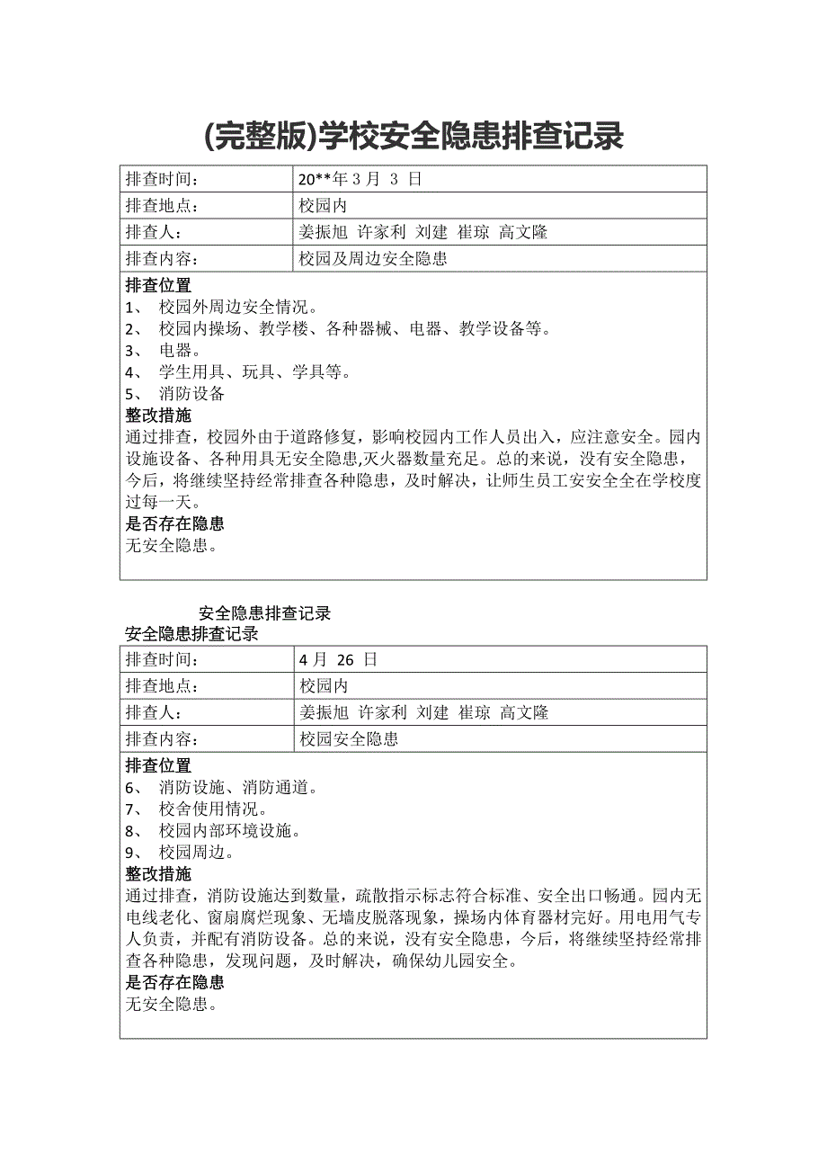 (完整版)学校安全隐患排查记录_第1页