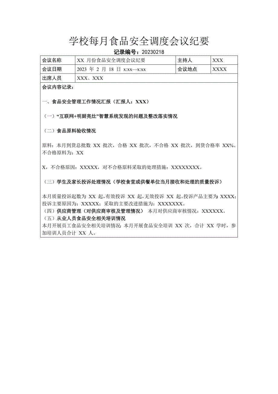 学校每月食品安全调度会议纪要_第1页