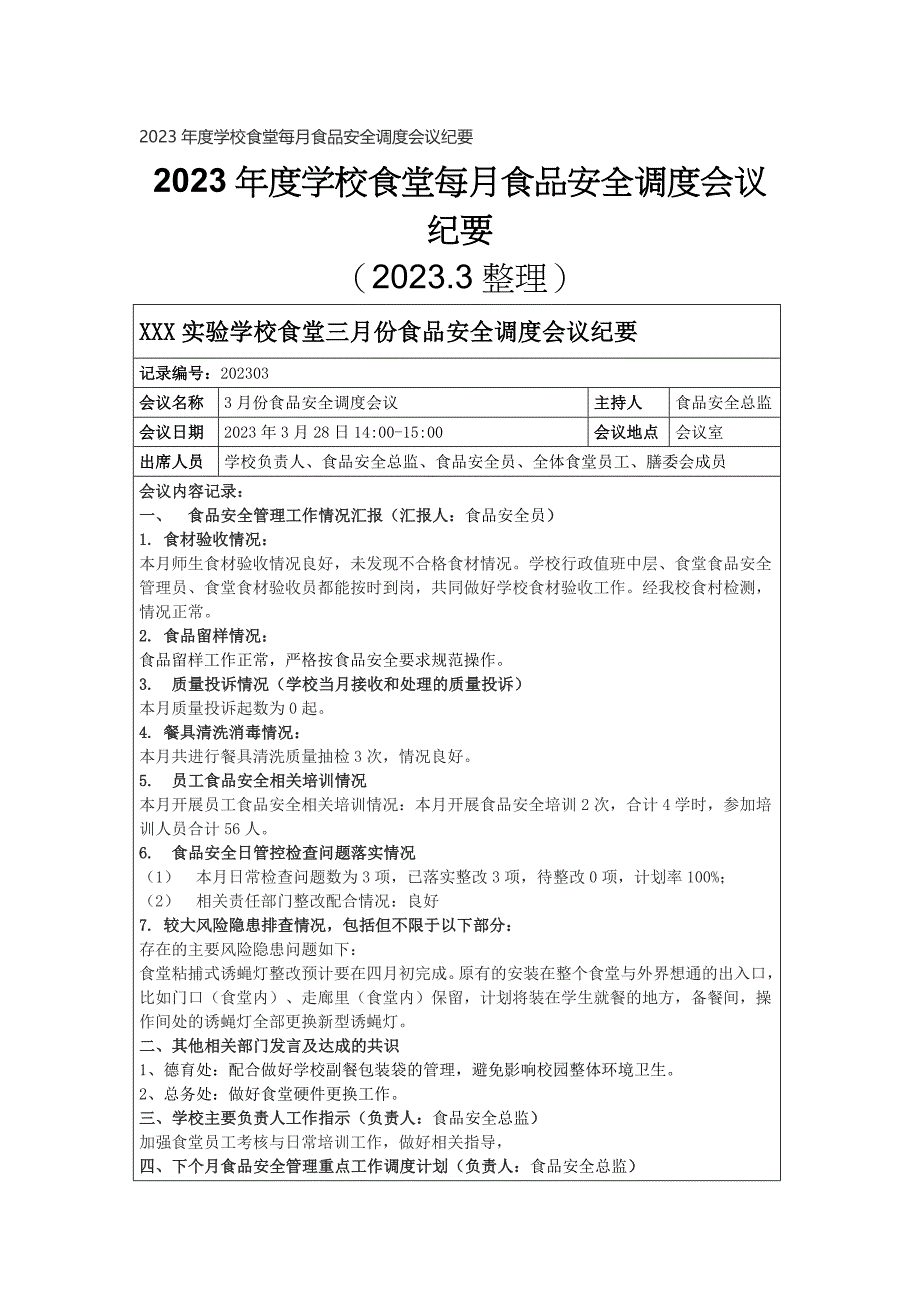 2023年度学校食堂每月食品安全调度会议纪要_第1页