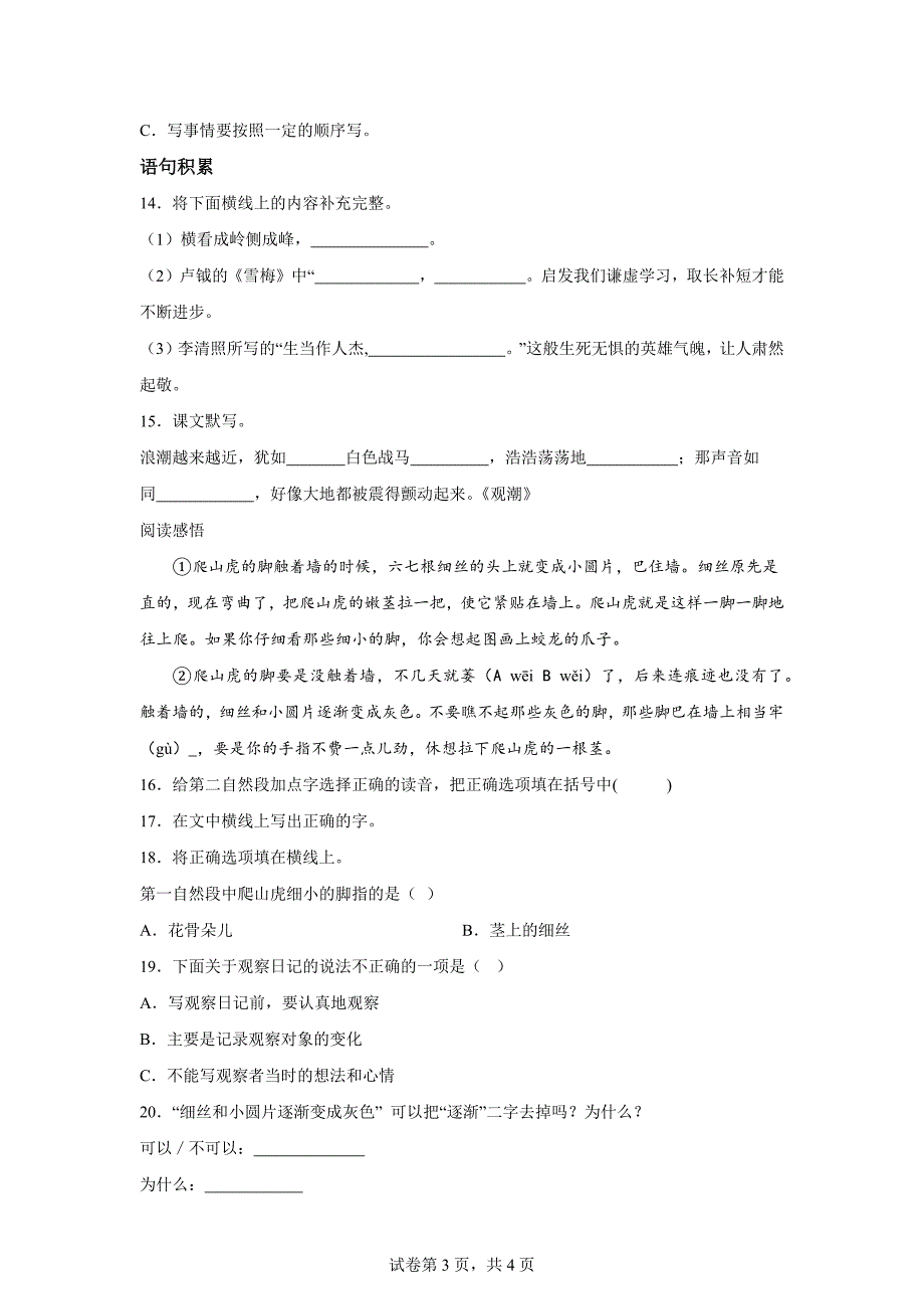 2023-2024学年黑龙江省哈尔滨市通河县部编版四年级上册期末考试语文试卷[含答案]_第3页