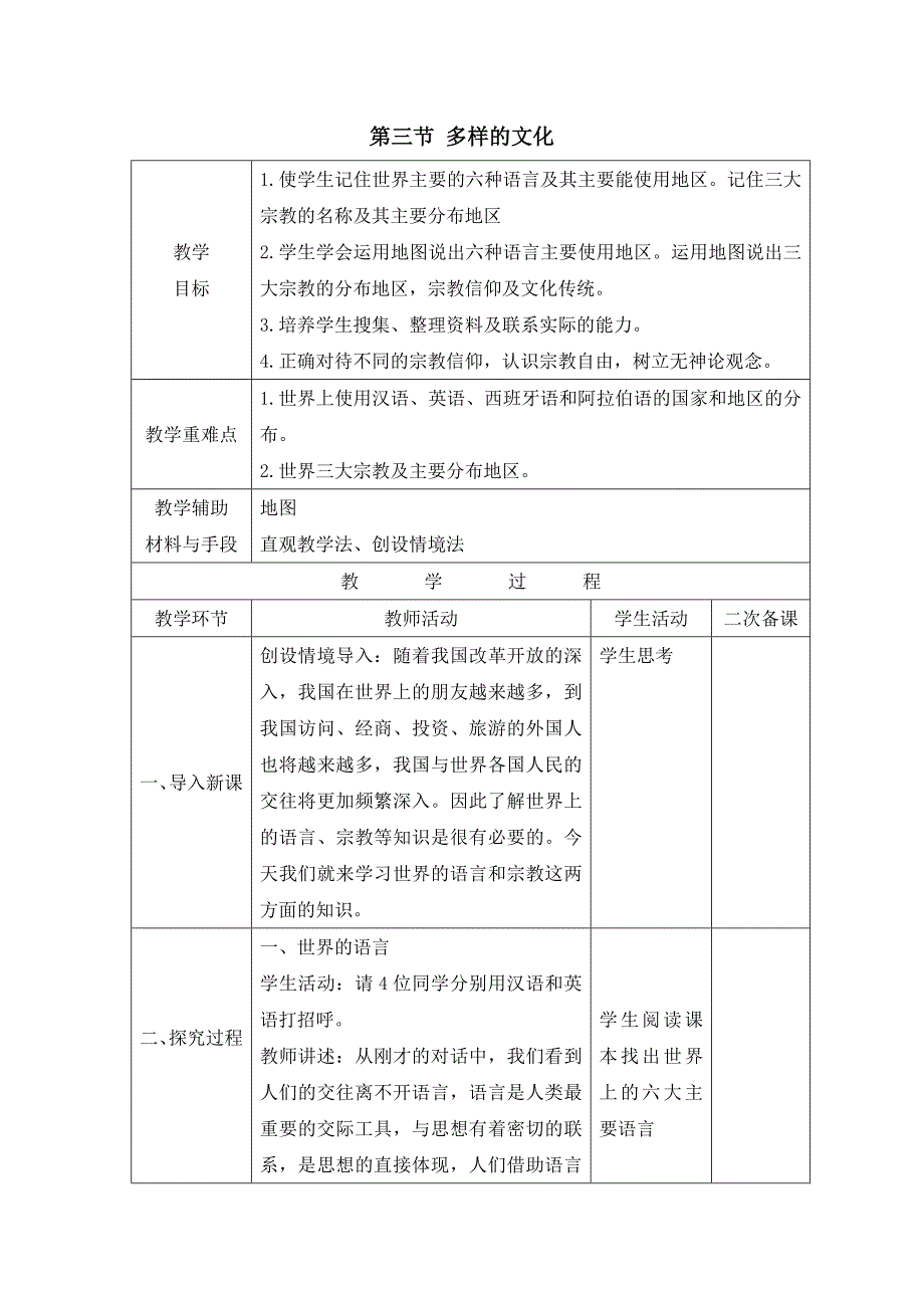 人教版七年级上地理第五章第三节 《多样的文化》优课教案._第1页