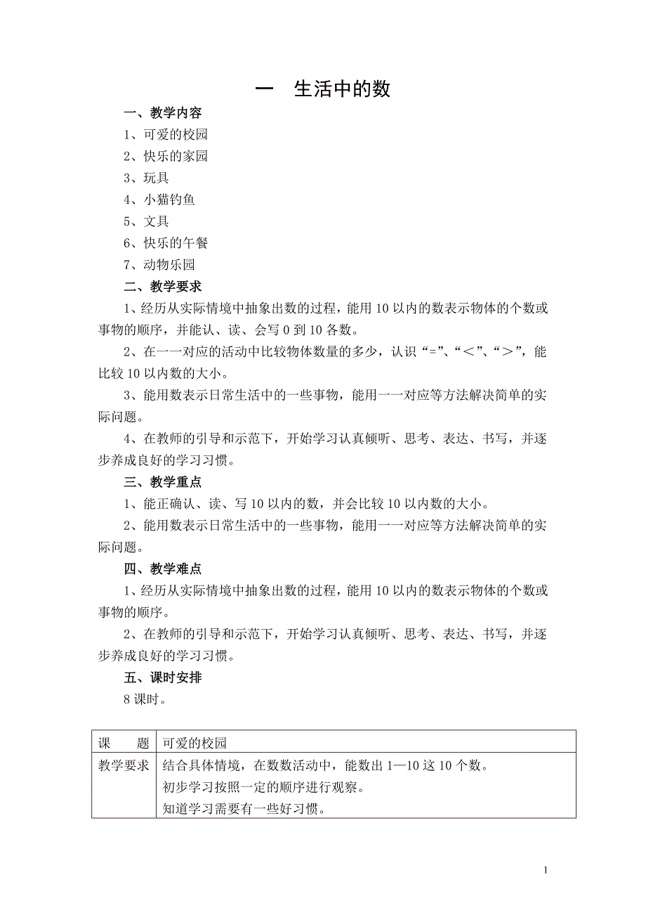 2024全册教案（教案）-数学一年级上册北师大版_第1页