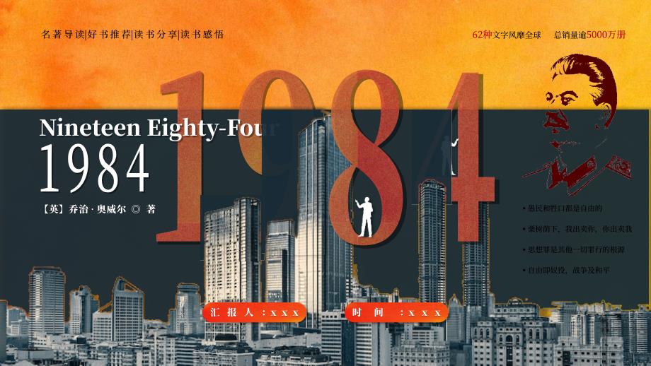 红黄色复古风《1984》名著导读好书PPT模板_第1页