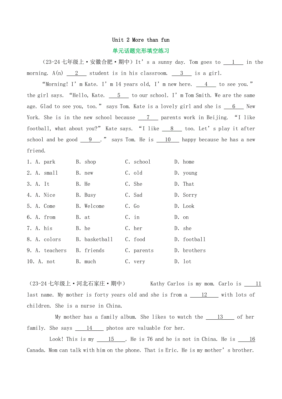 （2024新版）Unit 2 More than fun 单元话题完形填空练习-2024-2025学年七年级英语上册_第1页