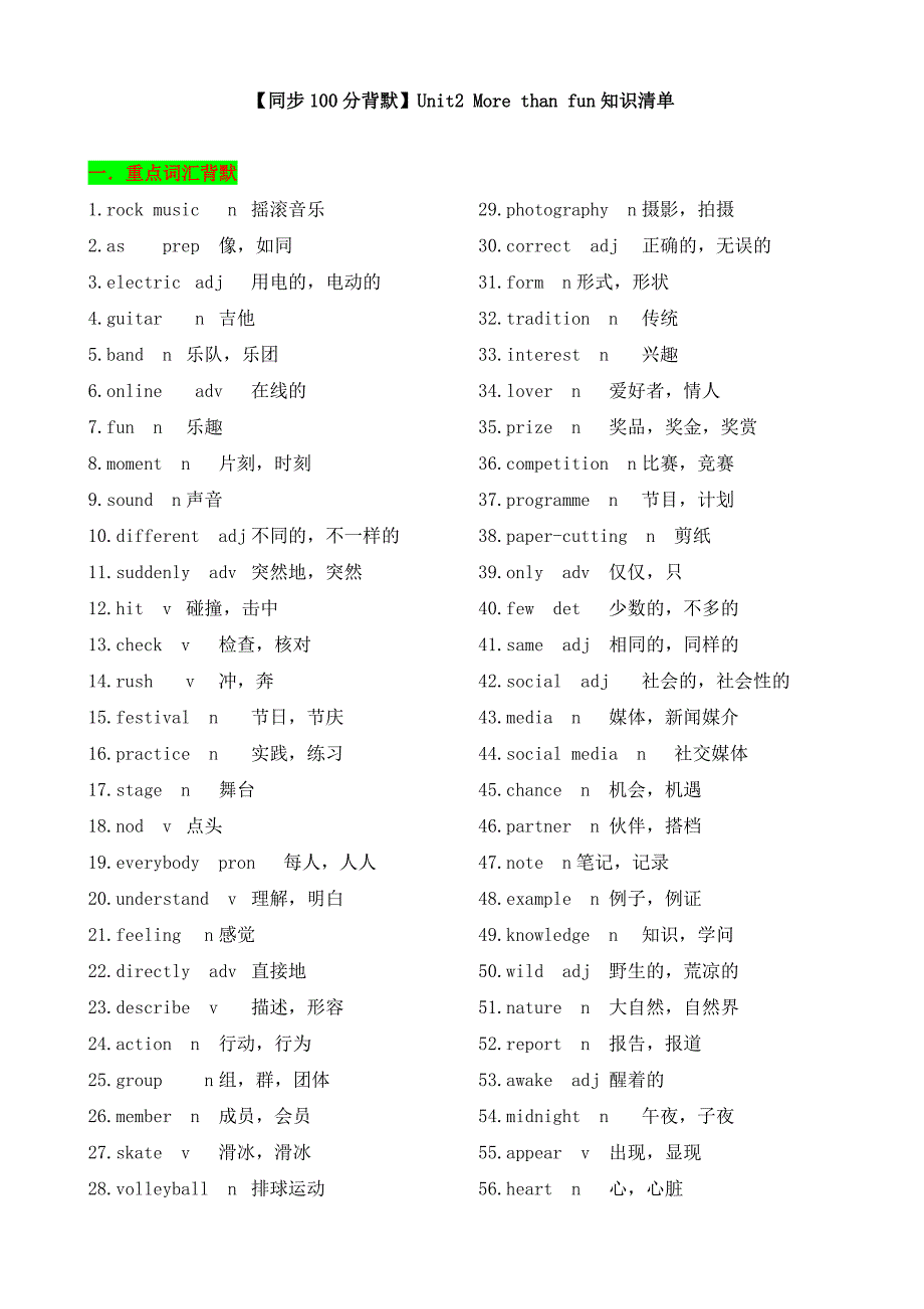 （新版2024）Unit 2 More than fun 知识清单（记忆版）-2024-2025学年七年级上册_第1页