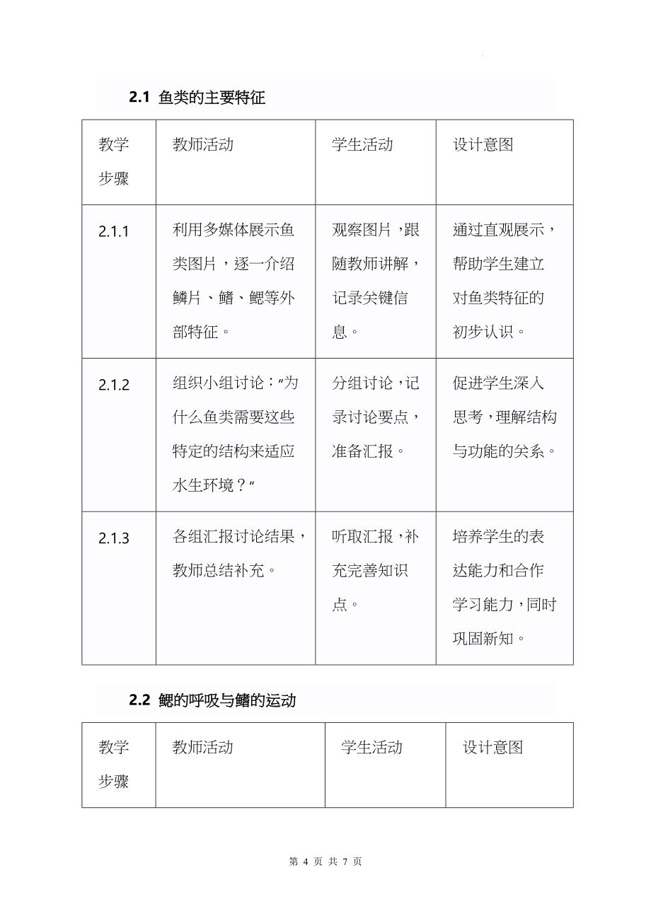 人教版（2024）七年级上册生物第二单元2.2.1《鱼》教学设计_第4页