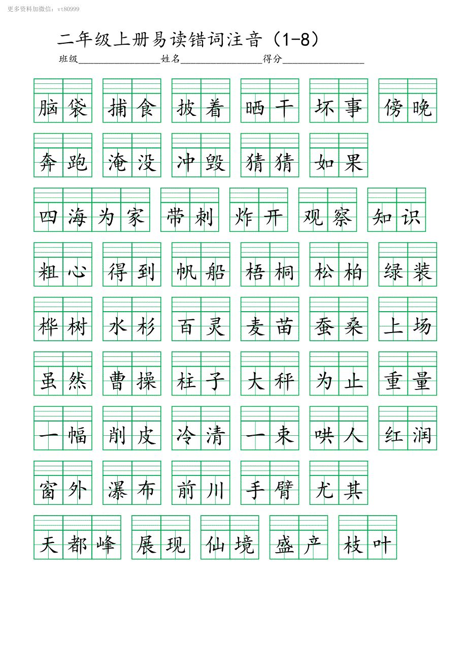 二年级上册易读错词注音（1-8）_第1页