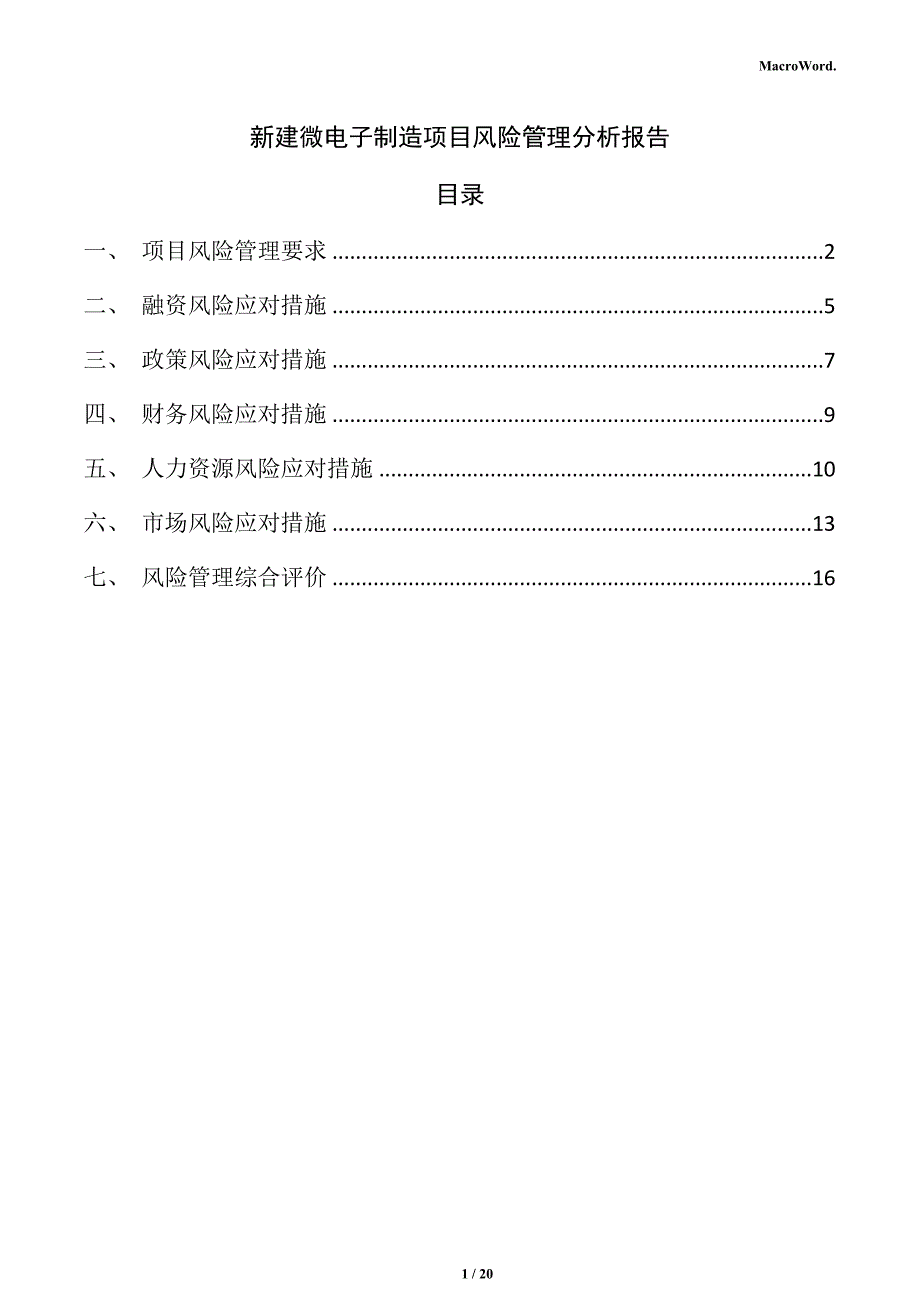 新建微电子制造项目风险管理分析报告（范文参考）_第1页