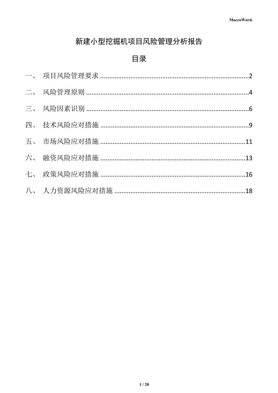 新建小型挖掘机项目风险管理分析报告_第1页