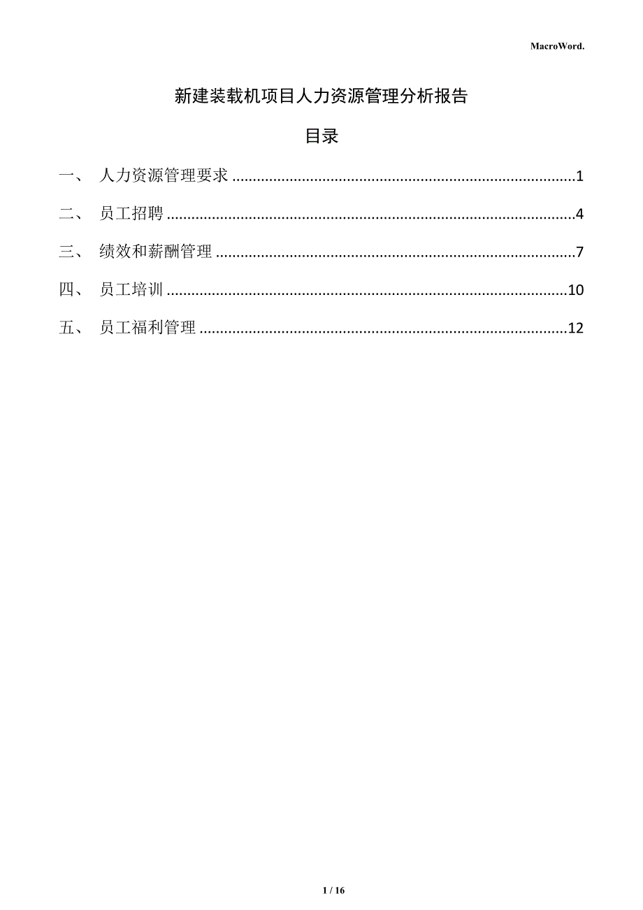 新建装载机项目人力资源管理分析报告（参考）_第1页